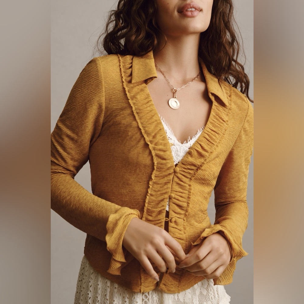 Anthroplogie Ruffle Top Womens Small Yellow Long Sleeve Boho Peasant Blouse